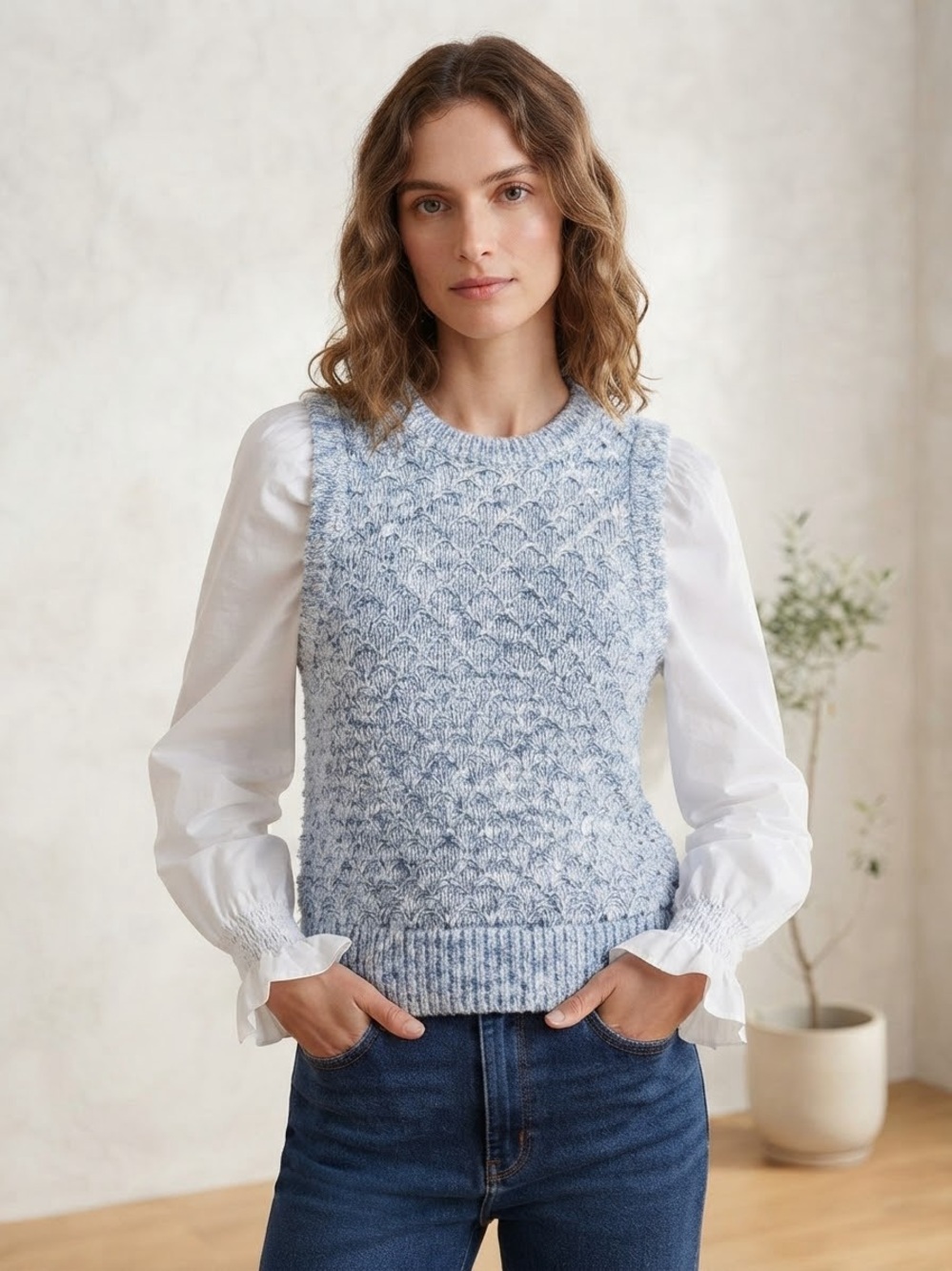 French Connection Light Blue Textured Knit Sweater Vest w Attached Cotton Shirt